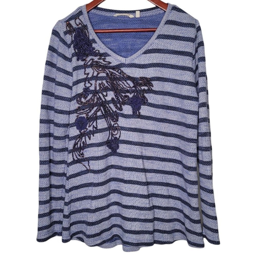 Soft Surroundings Syrah Two tone Blue stripe Embroidered Bronze Metallic large